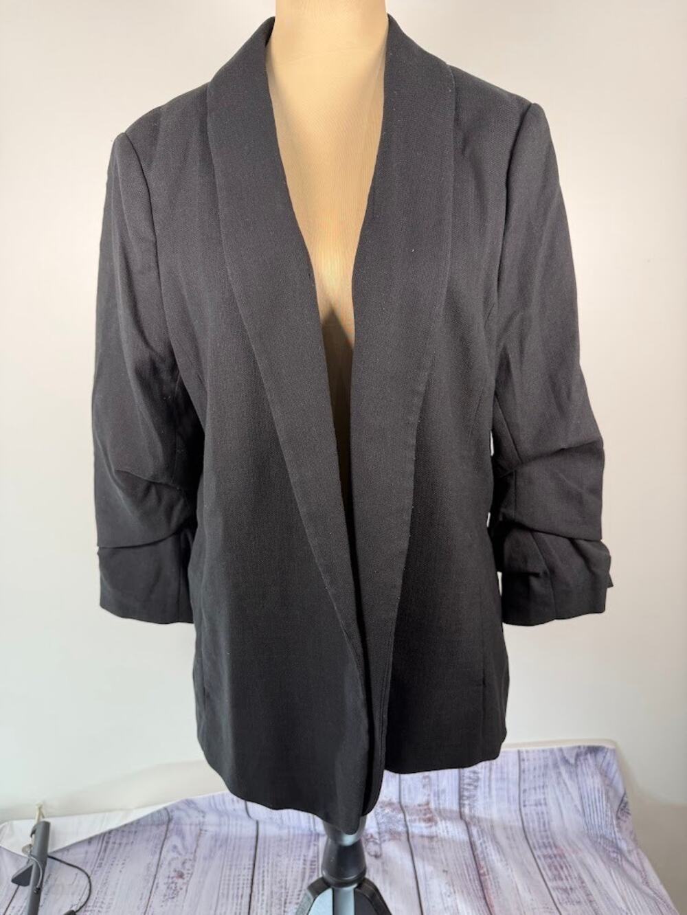 H&M Womens Open Front Blazer XL Black Shawl Collar Ruched 3/4 Sleeve Lined